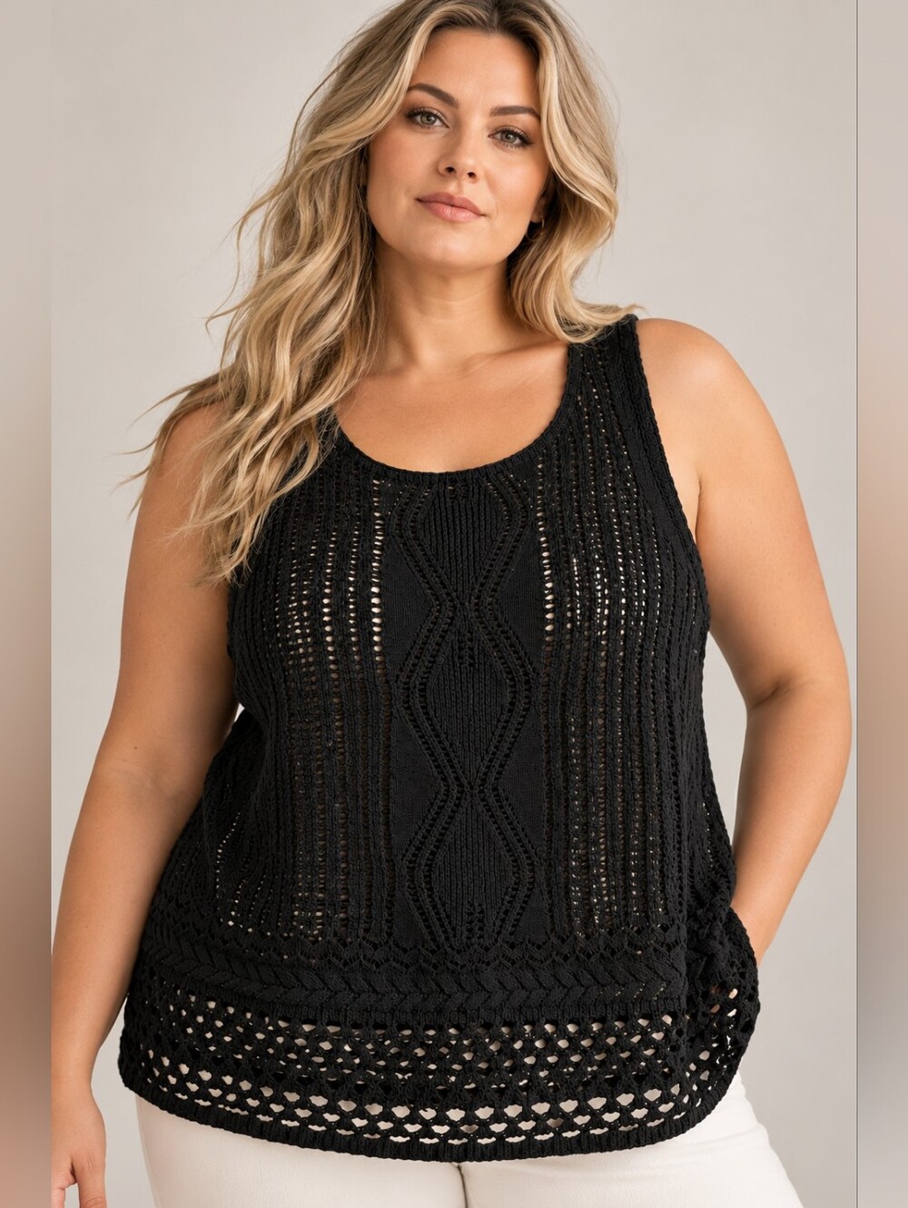 Addition Elle Black Open Knit Crochet Sleeveless Tank Top 2X